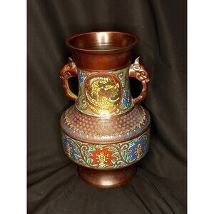 Chinese Cloisonné Enamel Vase w Dragon Handles 12”